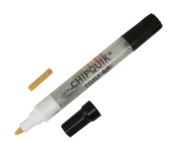 Chip Quik CQ4LF-B-R no-clean flux pen, labeled CQ4LF-B-R, with its cap off and a spare felt tip beside it