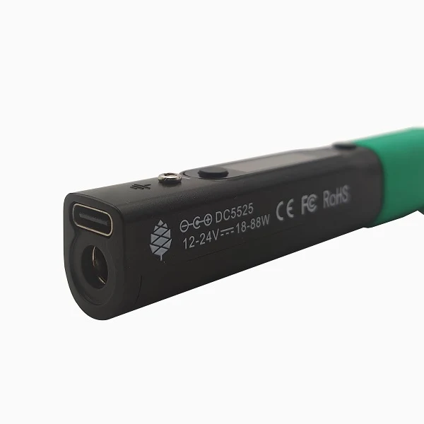 Close-up of the Pinecil V2 rear end: USB-C port, DC5525 barrel socket and the 12-24 V, 18-88 W rating label